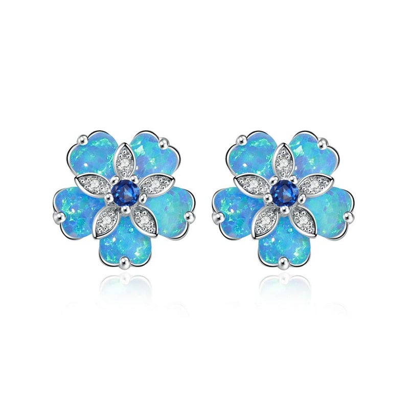 CiNily Blue Flower Opal Earrings Stud, Blue Topaz Zircon Rhodium Plated Women Hypoallergenic Jewelry Gemstone Stud Earrings 15 mm - Image 1